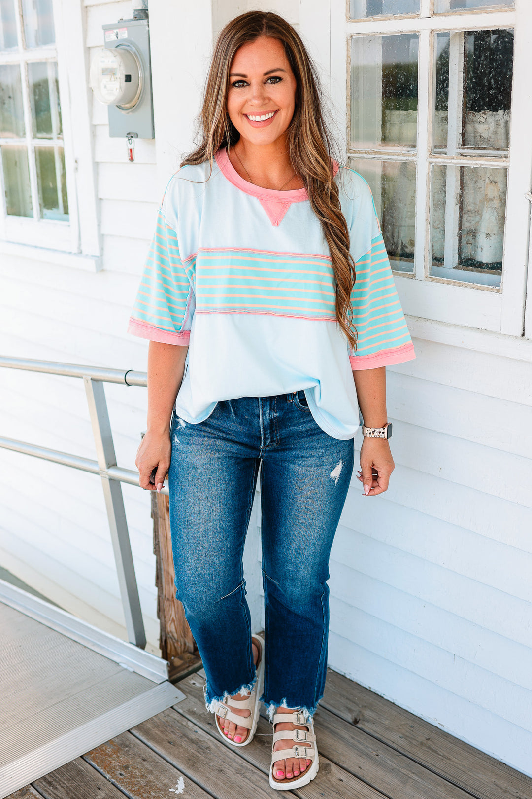 Delilah Stripe Washed Top - Sky Blue
