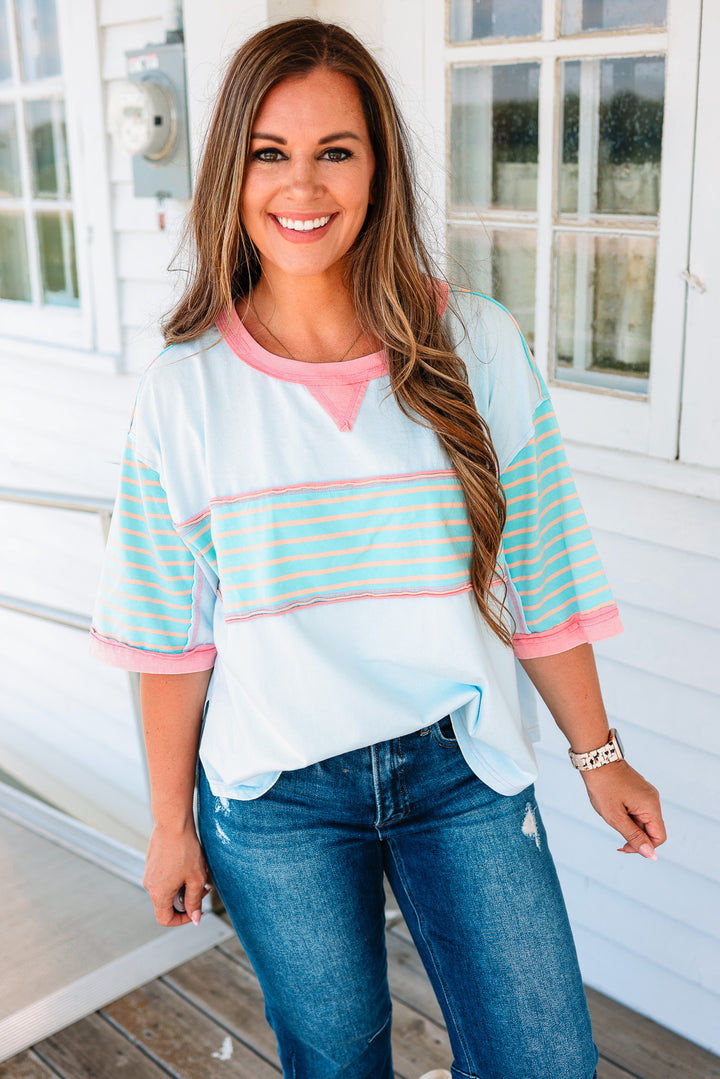 Delilah Stripe Washed Top - Sky Blue