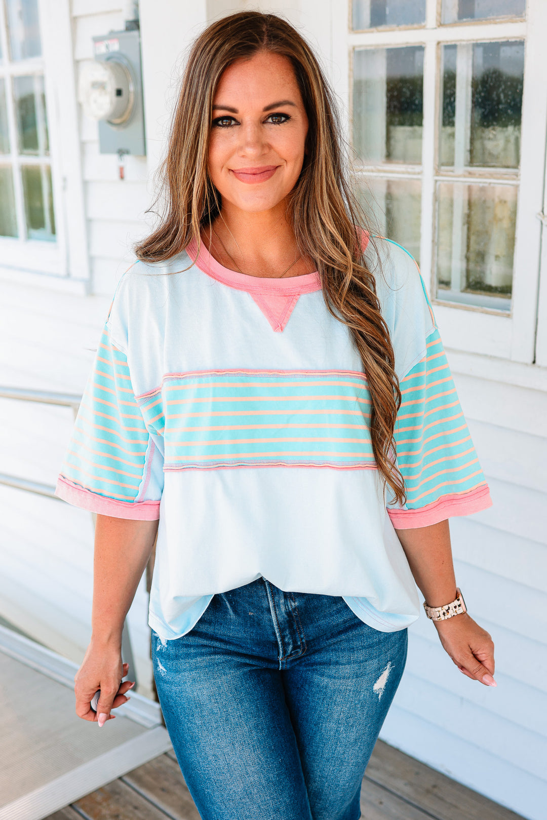 Delilah Stripe Washed Top - Sky Blue