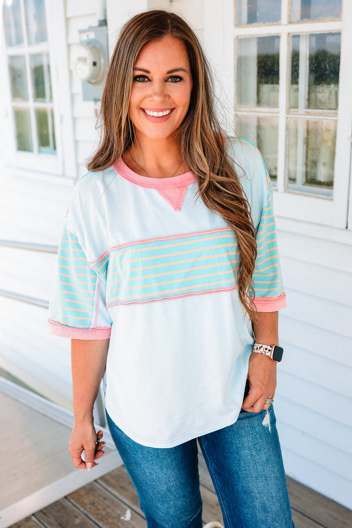 Delilah Stripe Washed Top - Sky Blue