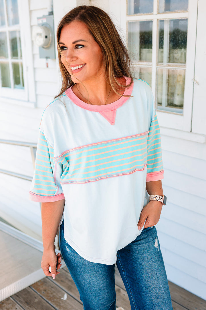 Delilah Stripe Washed Top - Sky Blue