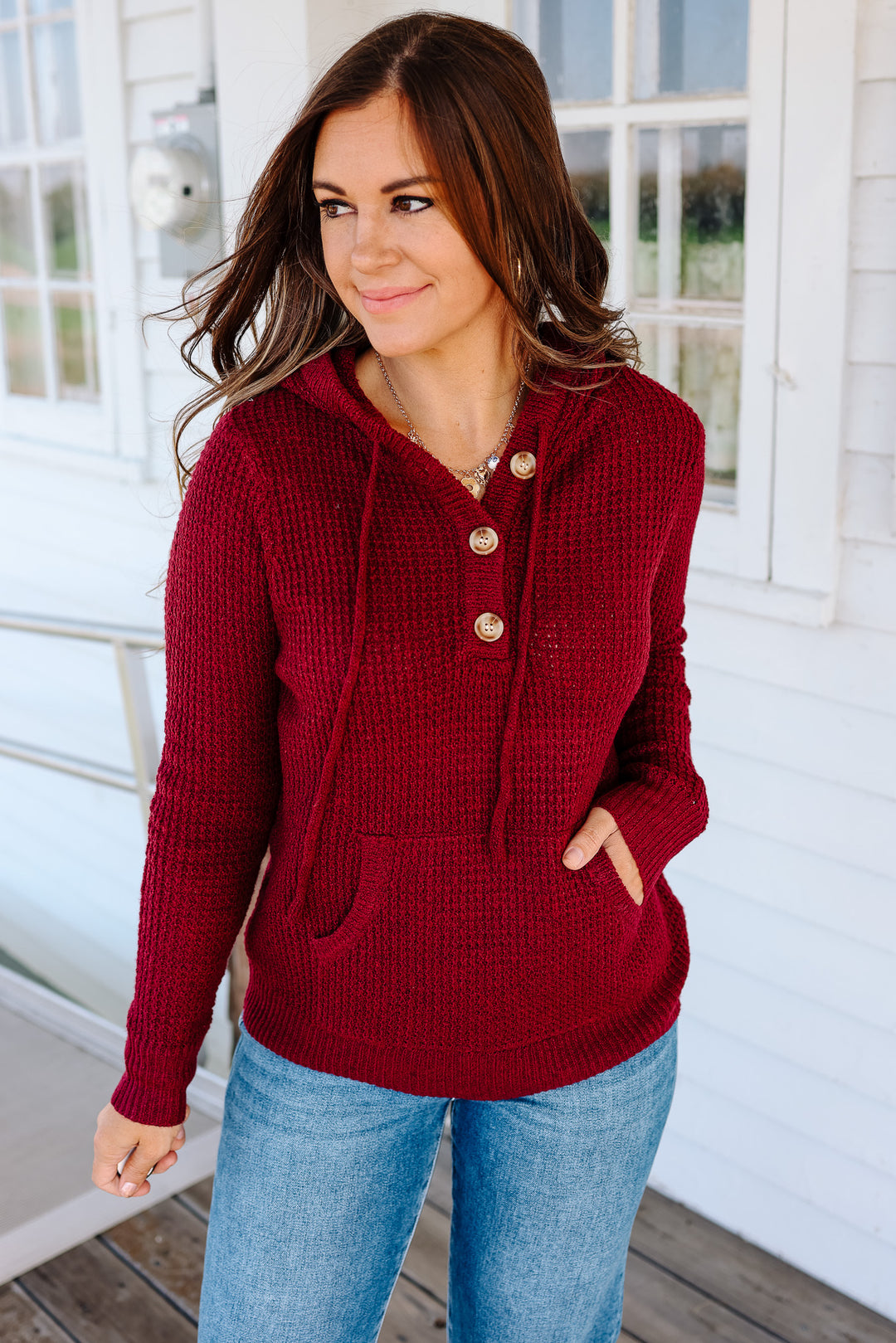 Devyn Waffle Knit Hoodie - Burgundy