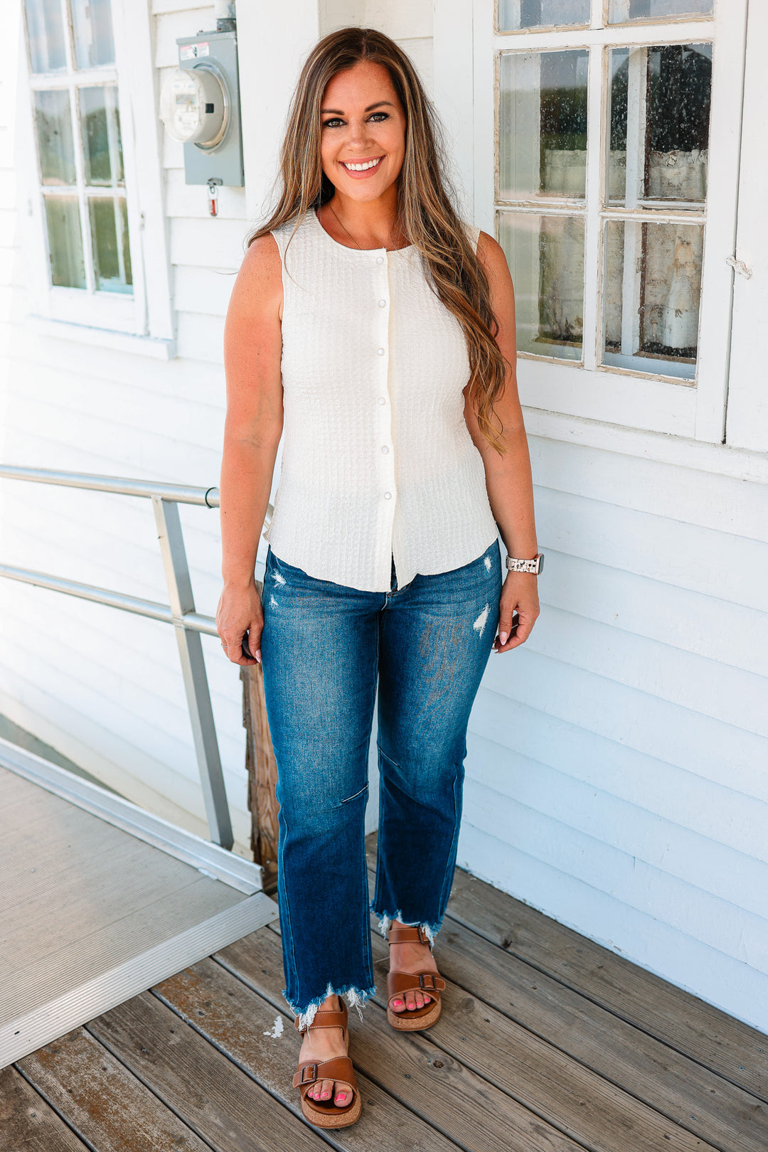 Cleo Texture Button-Down Tank - Cream