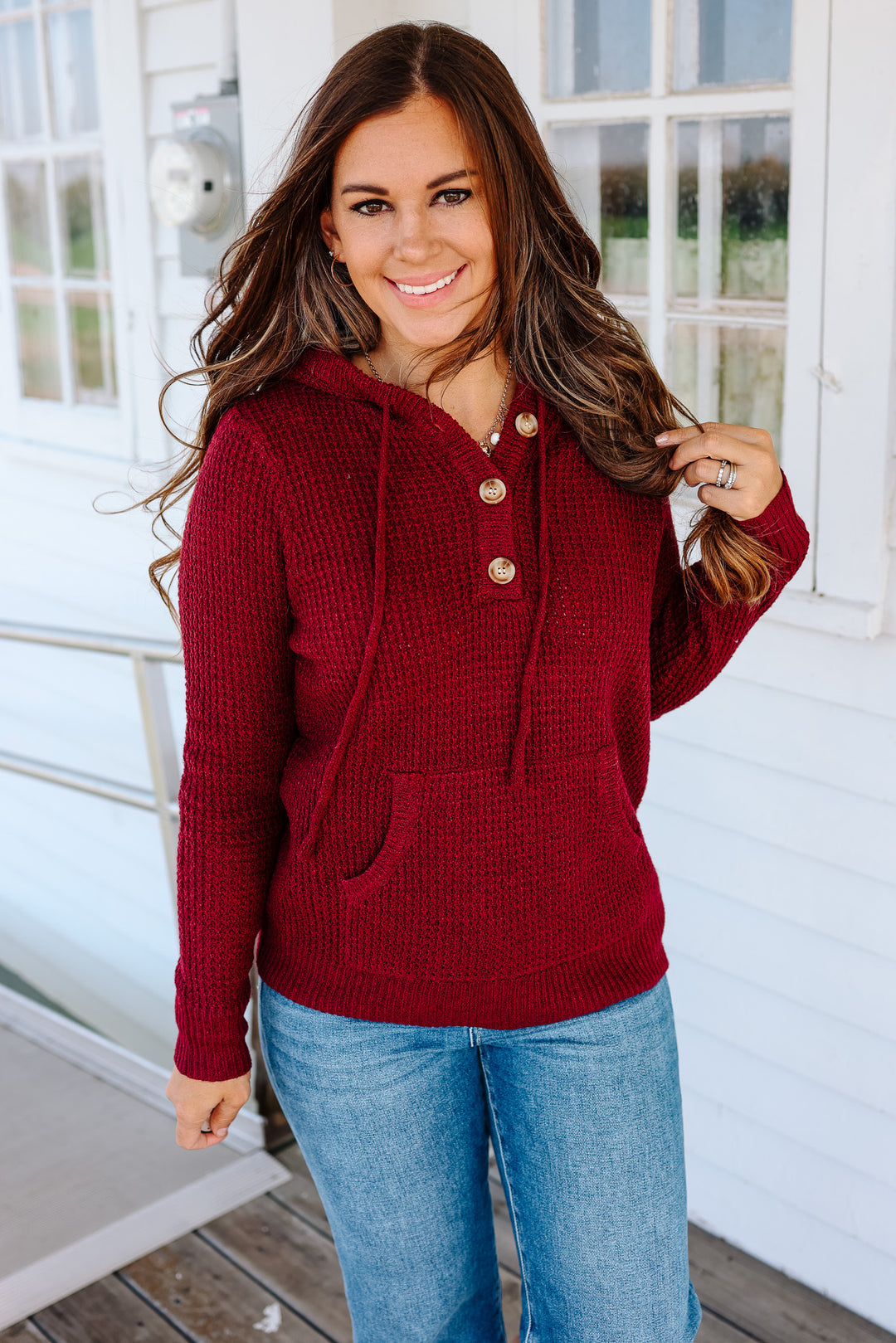 Devyn Waffle Knit Hoodie - Burgundy