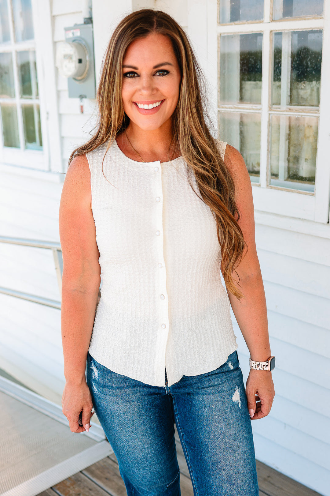Cleo Texture Button-Down Tank - Cream