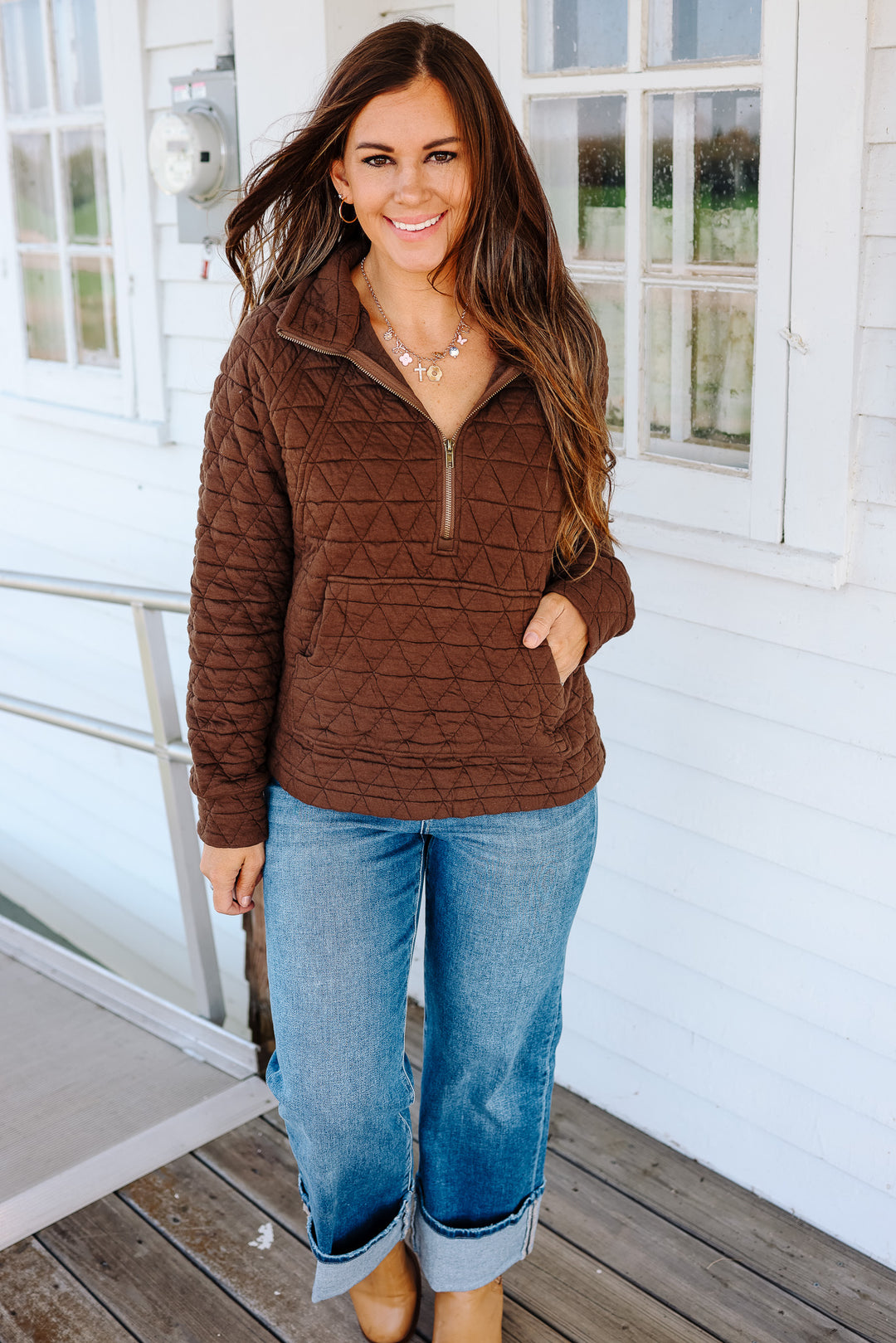 Quinn Half Zip Quilted Sweatshirt - Brown