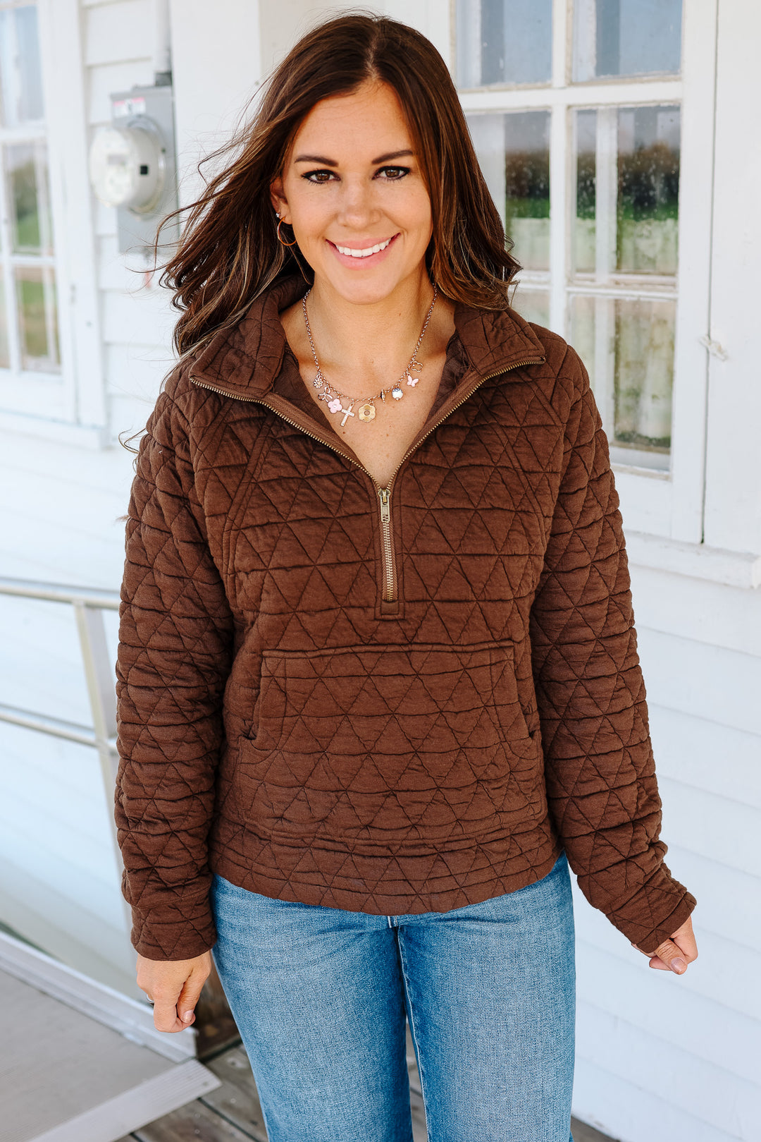 Quinn Half Zip Quilted Sweatshirt - Brown