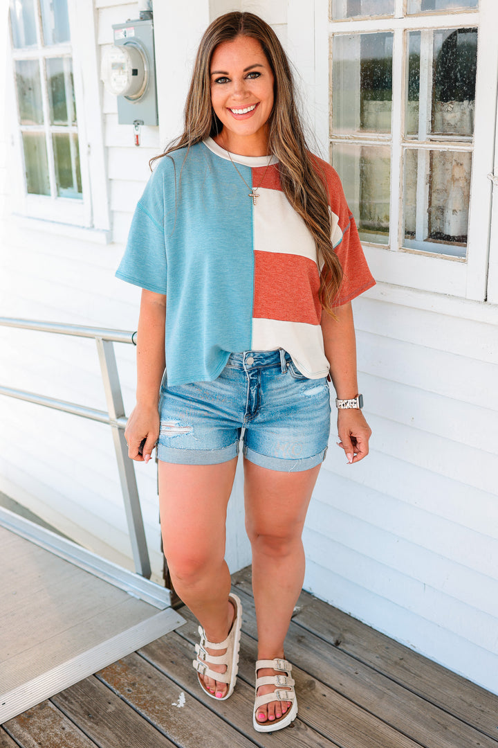 Libby Colorblock Terry Top - Blue/Red
