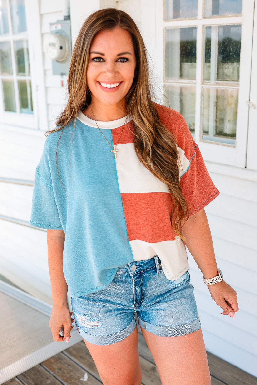 Libby Colorblock Terry Top - Blue/Red