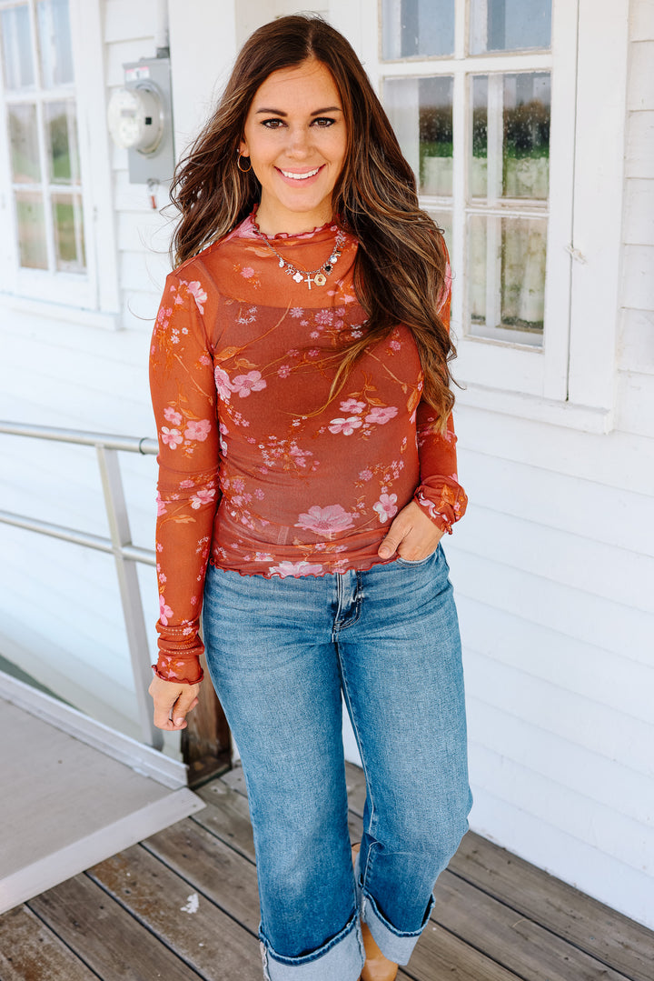 Hailey Floral Mesh Printed Top - Burnt Sienna
