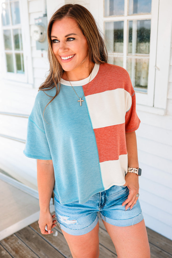 Libby Colorblock Terry Top - Blue/Red