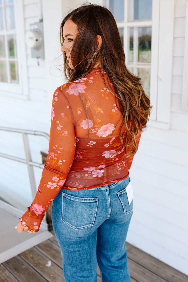 Hailey Floral Mesh Printed Top - Burnt Sienna