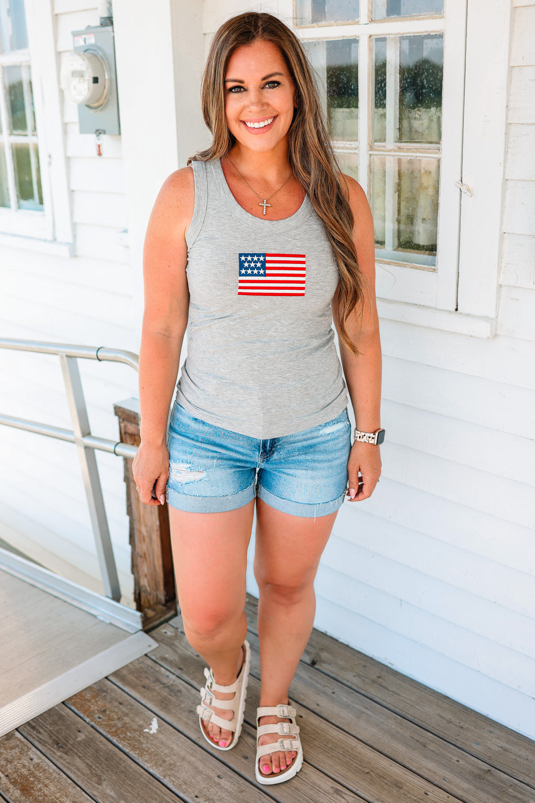 American Flag Ribbed Tank - Heather Grey
