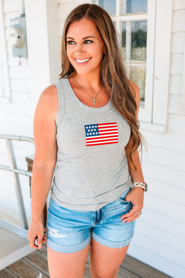 American Flag Ribbed Tank - Heather Grey