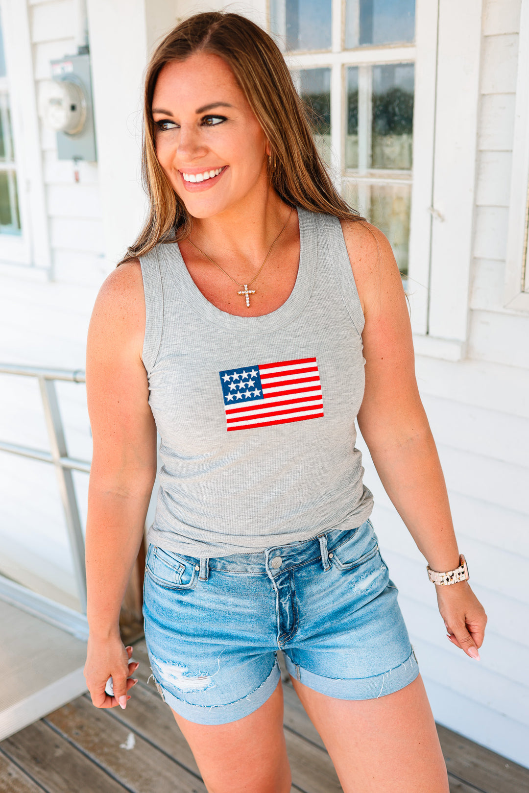 American Flag Ribbed Tank - Heather Grey