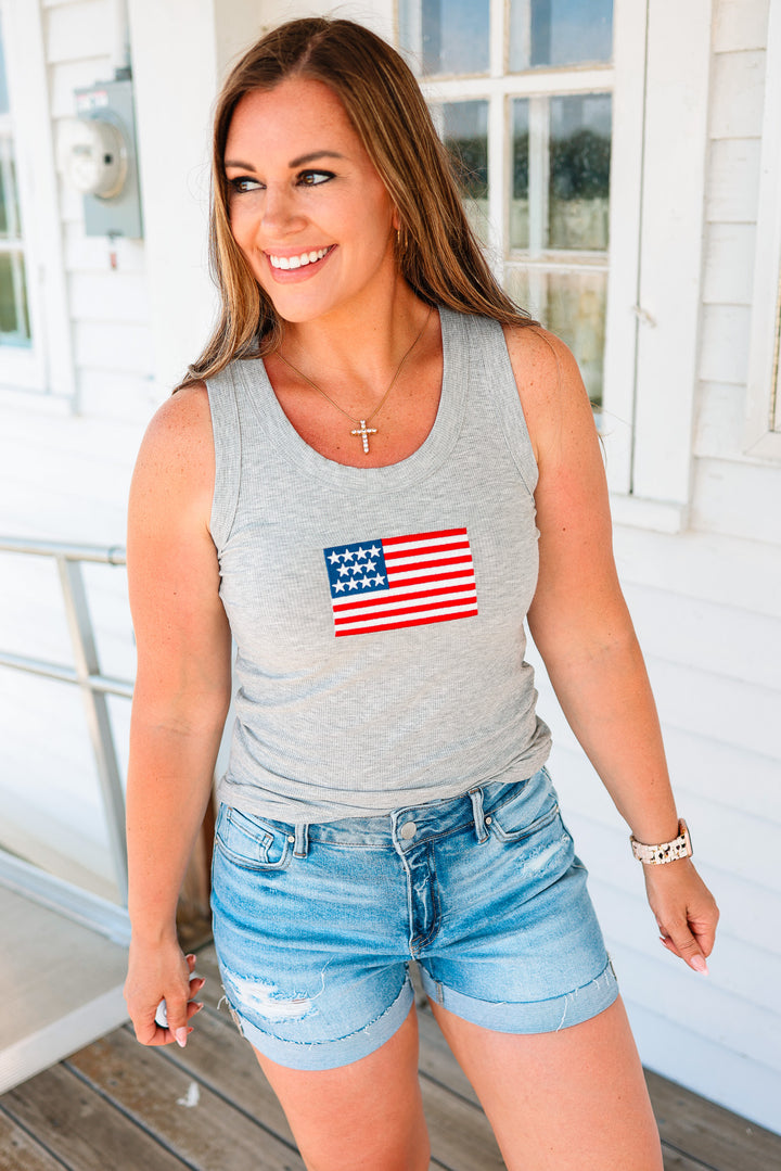 American Flag Ribbed Tank - Heather Grey