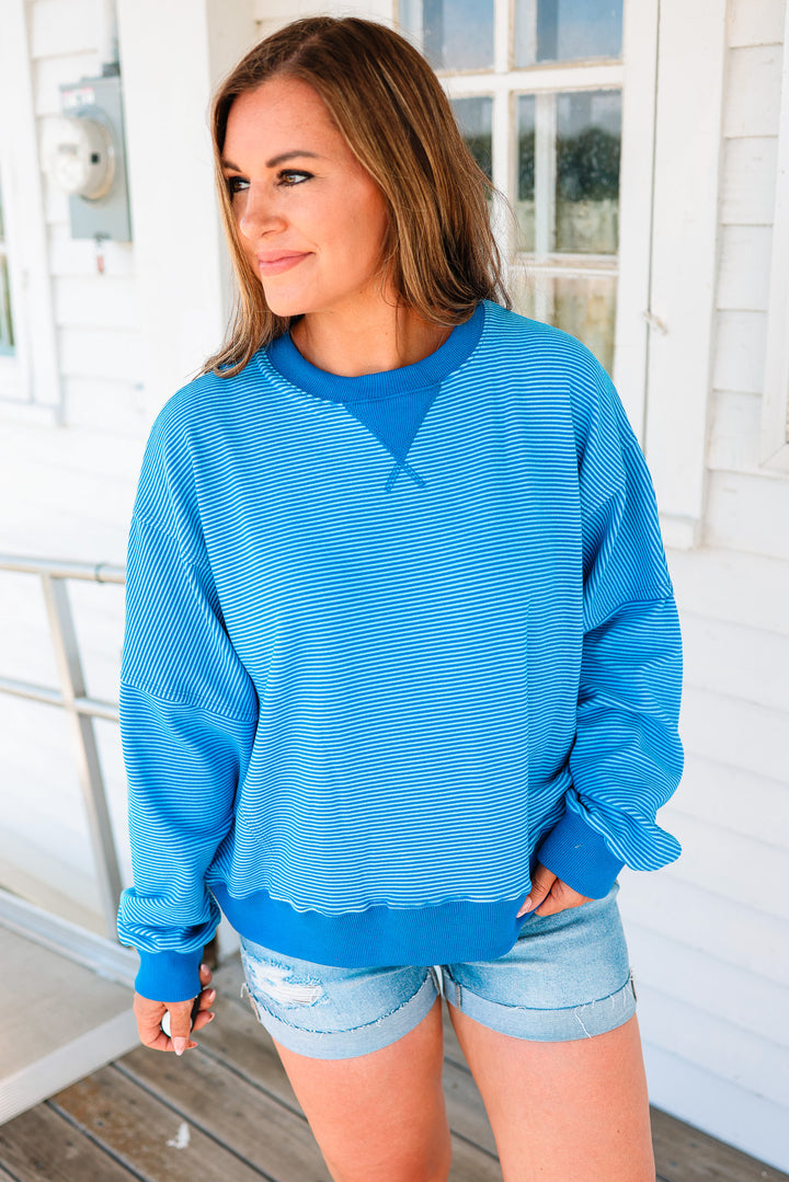 Nixie Striped Drop Shoulder Sweatshirt - Navy/Blue