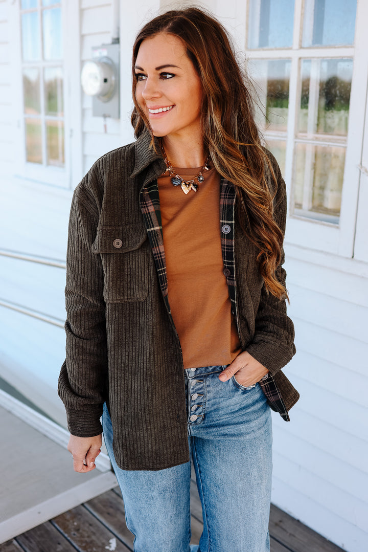 Vailor Reversible Plaid/Corduroy Shacket - Olive