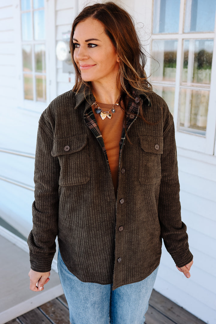 Vailor Reversible Plaid/Corduroy Shacket - Olive