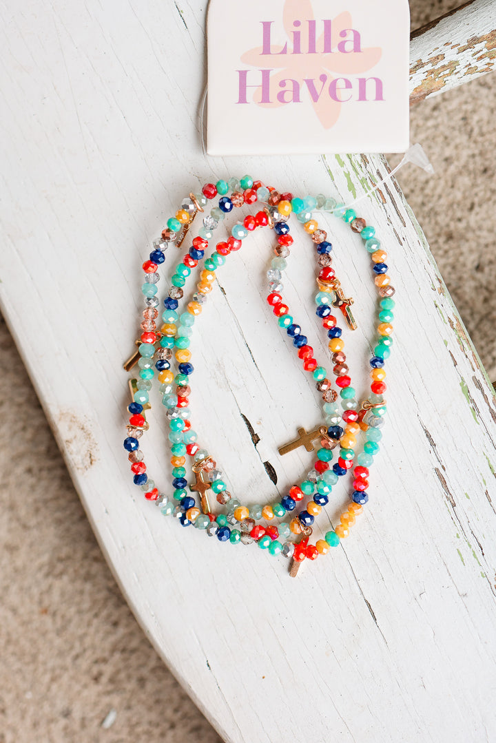 Gold Cross Charm Crystal Stretch Bracelet Stack Set - Multi Colored