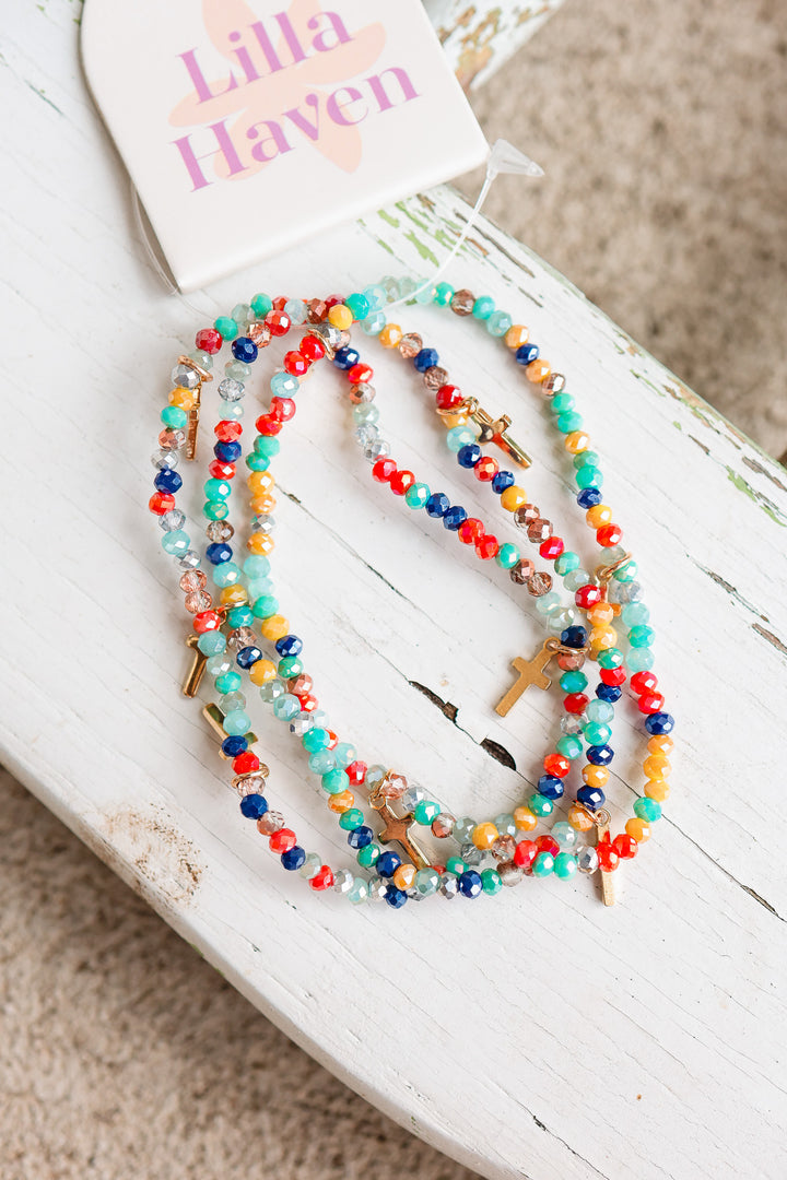 Gold Cross Charm Crystal Stretch Bracelet Stack Set - Multi Colored