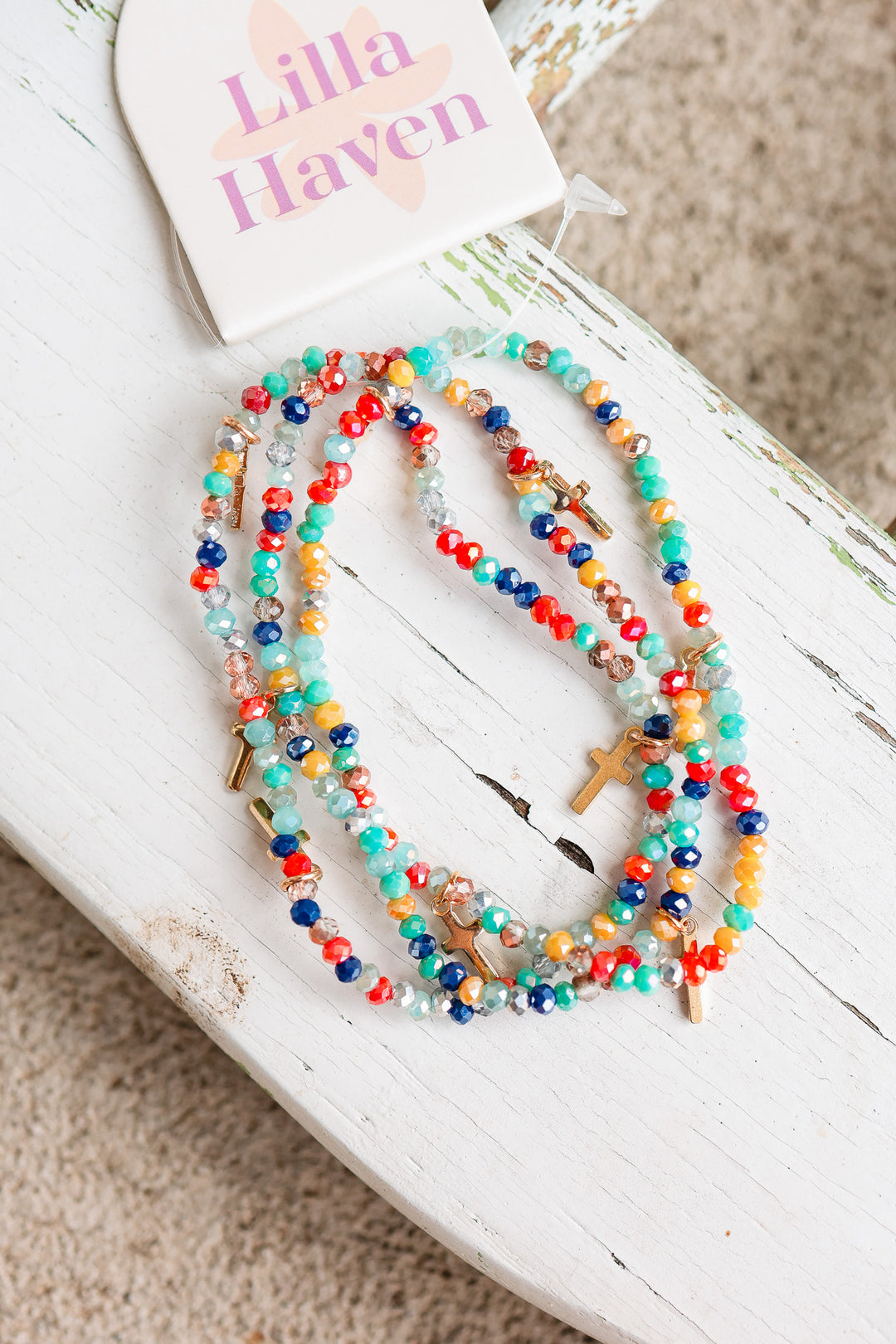 Gold Cross Charm Crystal Stretch Bracelet Stack Set - Multi Colored