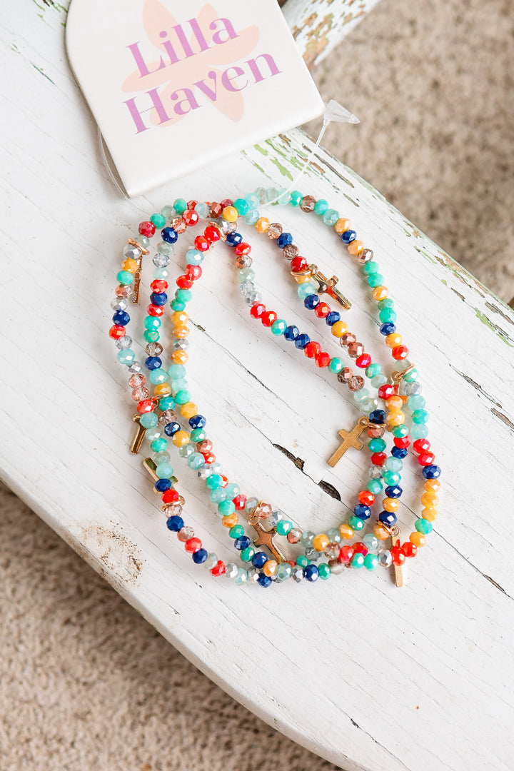 Gold Cross Charm Crystal Stretch Bracelet Stack Set - Multi Colored