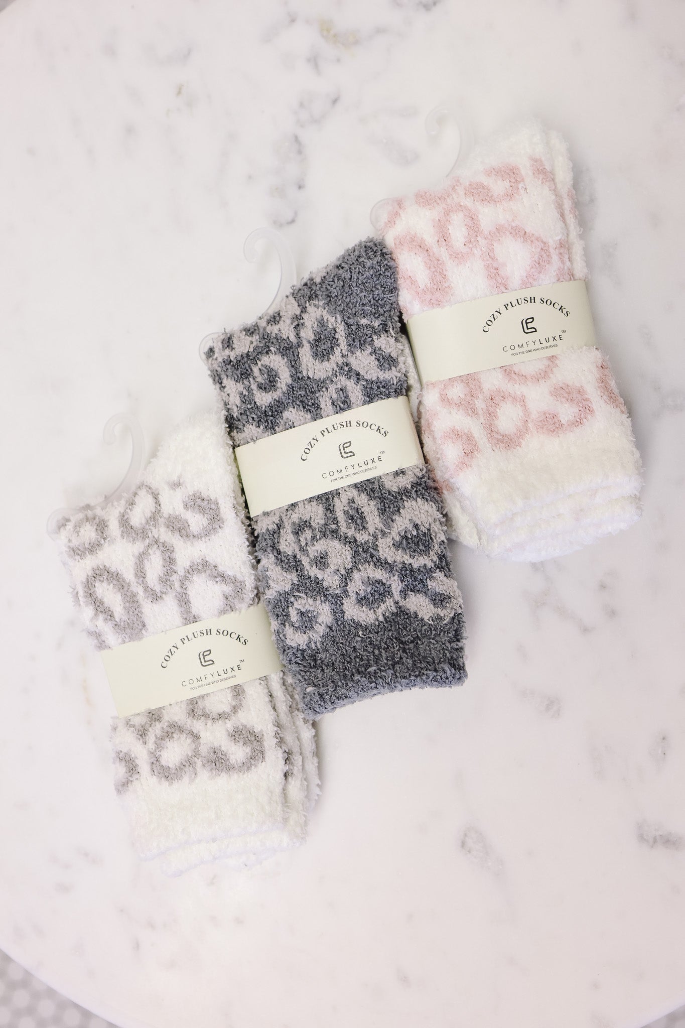 Comfy Luxe Cozy Plush Leopard Socks - Light Grey, Dark Grey, & Pink Pack