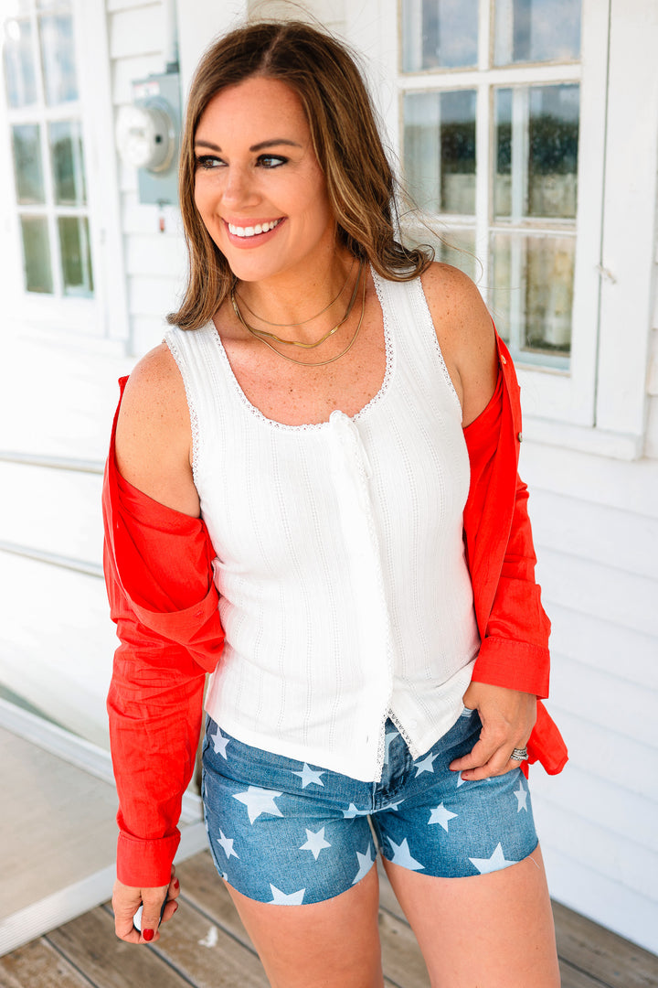 Prairie Trim Lace Button Down Tank