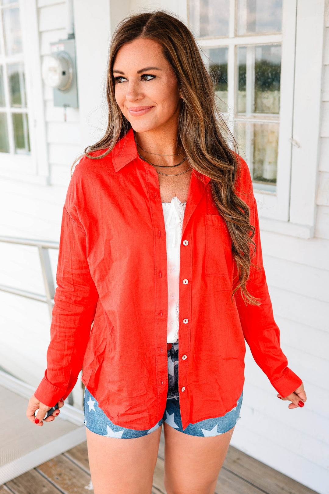 Kaitlyn Classic Button Down Shirt - Lava