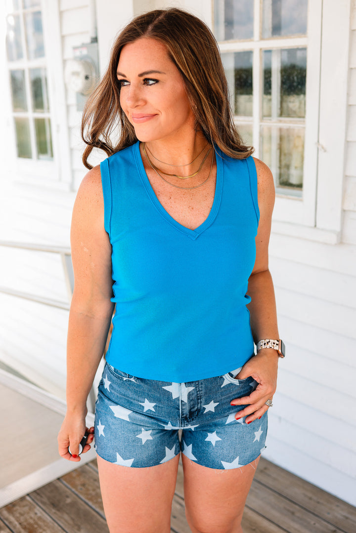 Gianna Ribbed V-Neck Tank Top - Cerulean