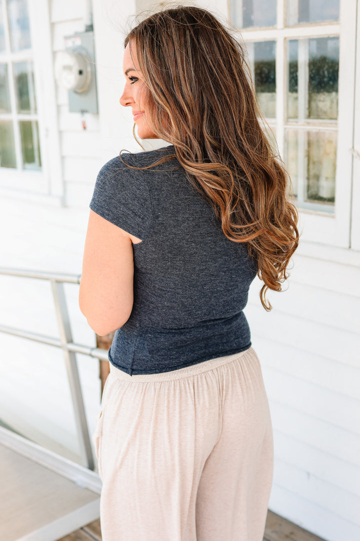 Sarah Lettuce Edge Knit Top - Navy