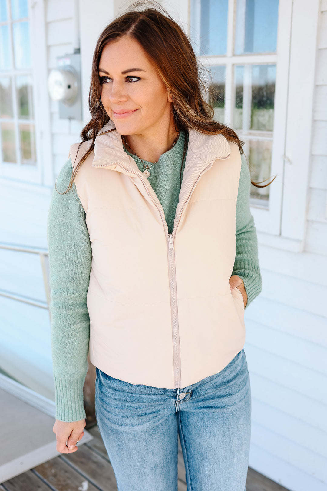 Brinley Corduroy Reversible Puffer Vest - Oatmeal