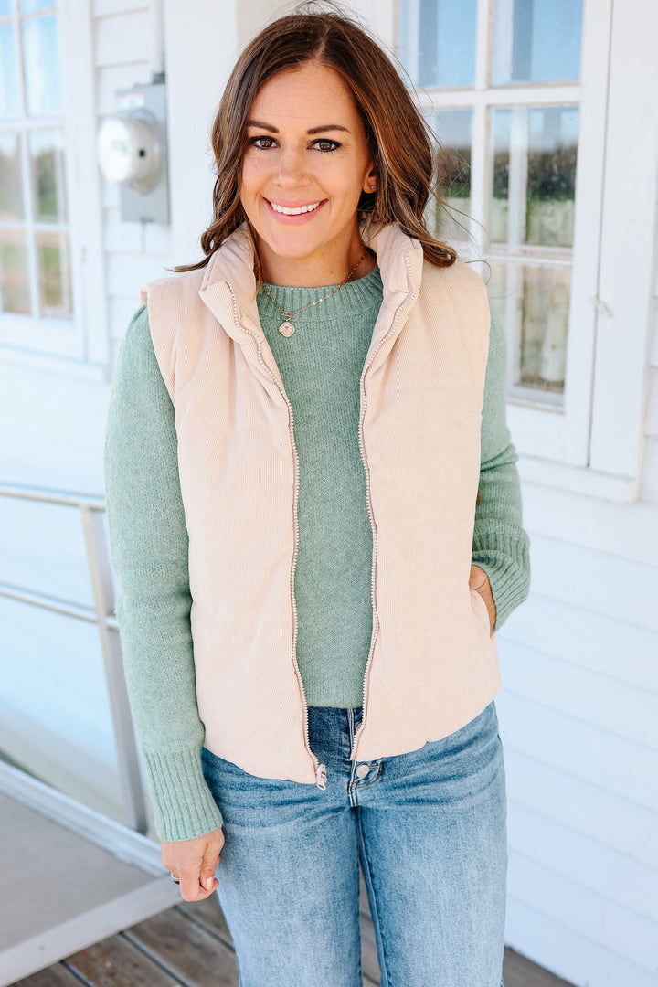 Brinley Corduroy Reversible Puffer Vest - Oatmeal