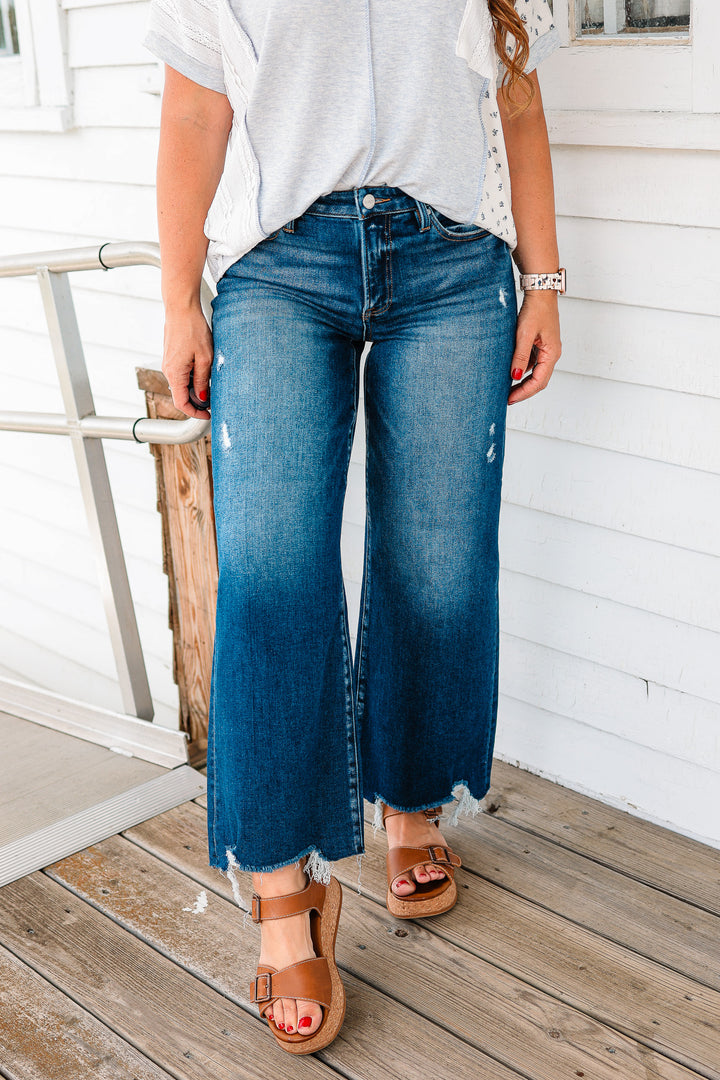 RISEN: Zane Crop Wide Leg Jeans - Dark Wash