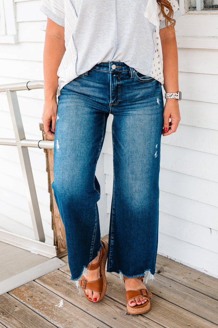 RISEN: Zane Crop Wide Leg Jeans - Dark Wash