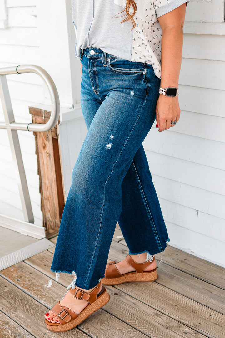 RISEN: Zane Crop Wide Leg Jeans - Dark Wash