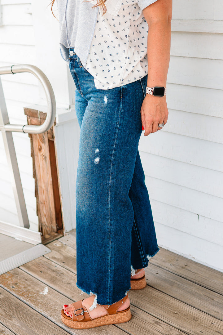 RISEN: Zane Crop Wide Leg Jeans - Dark Wash