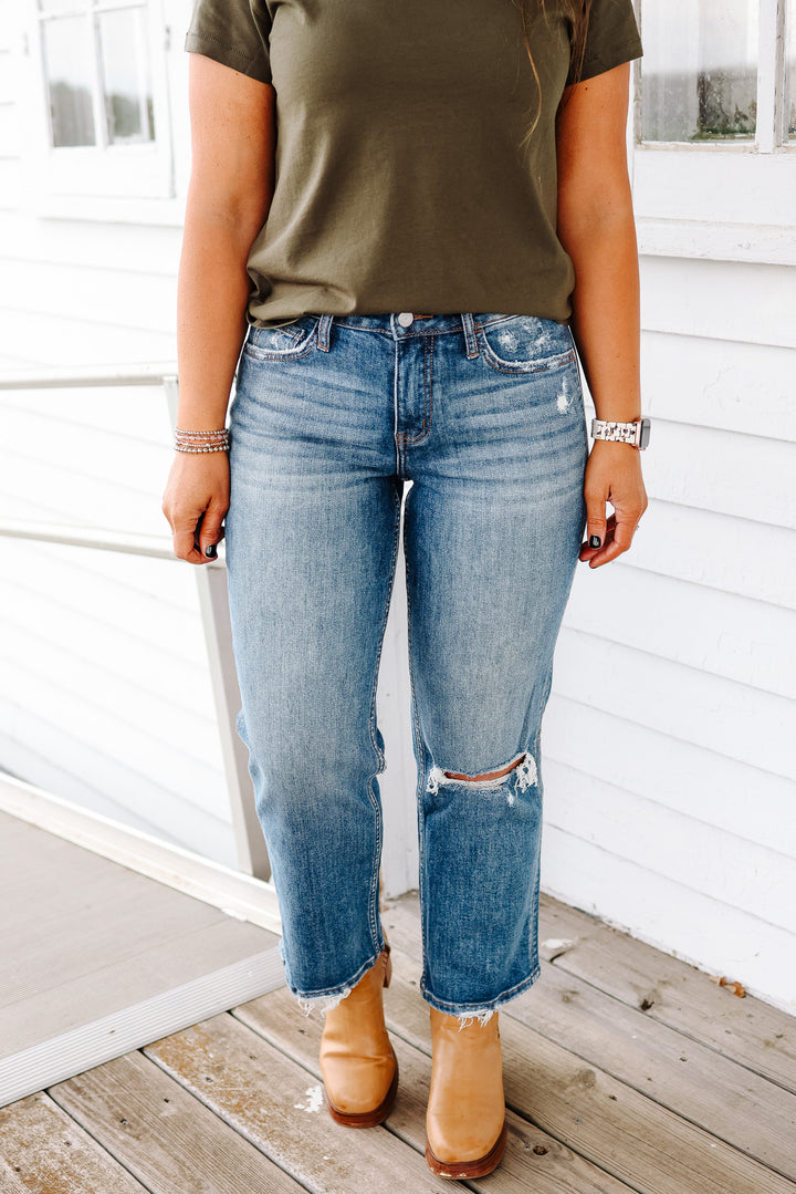 LOVERVET: SAILOR HIGH RISE DISTRESSED SLIM WIDE JEANS