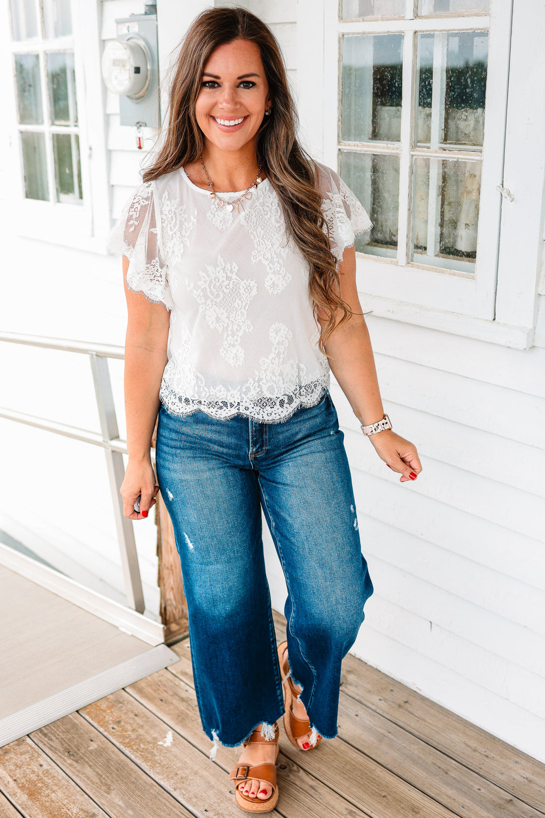Jocelyn Flutter Sleeve Lace Top - Ivory