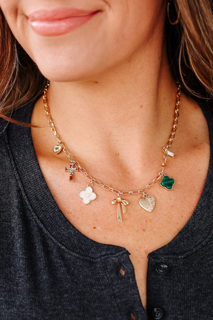 Green Clover Bow Cross Heart Charm Necklace