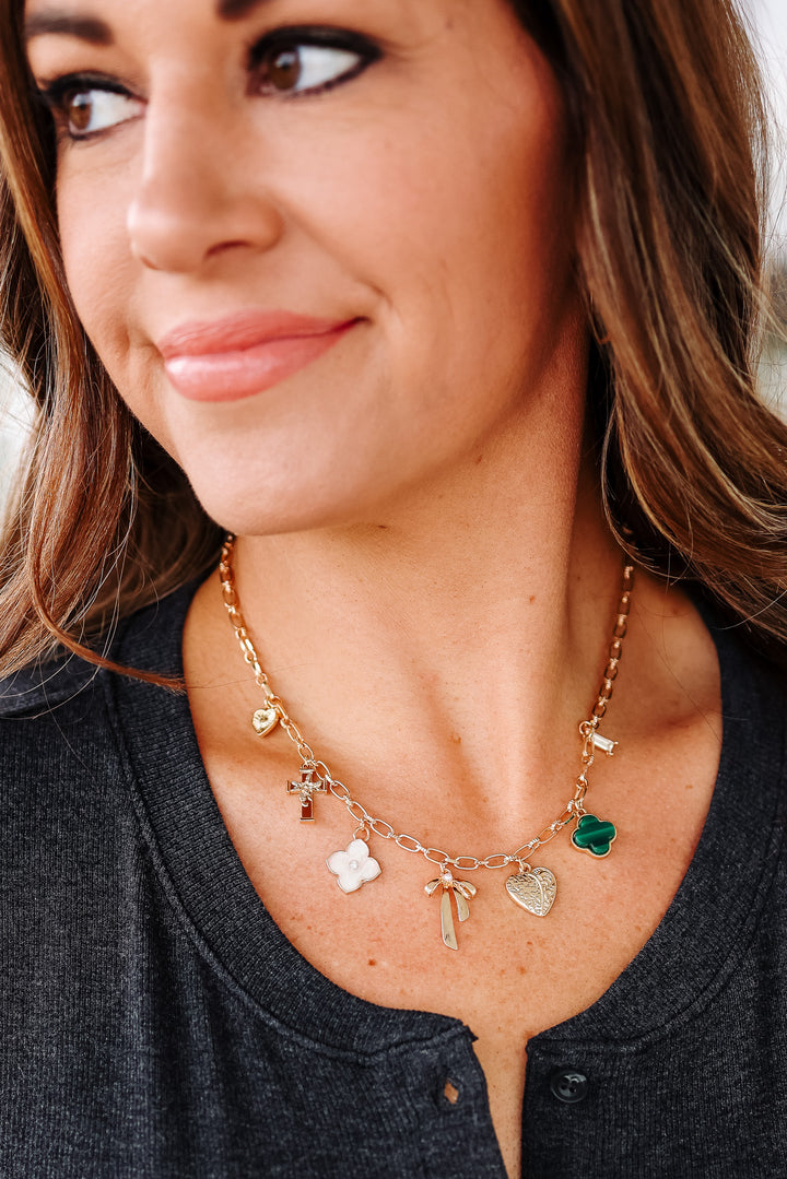 Green Clover Bow Cross Heart Charm Necklace