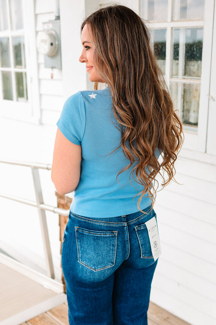 Lena Embroidered Star Ribbed Tee - Blue