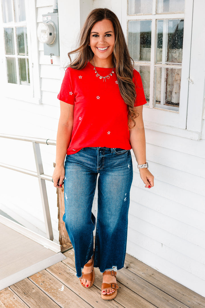 Nadia Star Embroidered Cotton Tee - Red