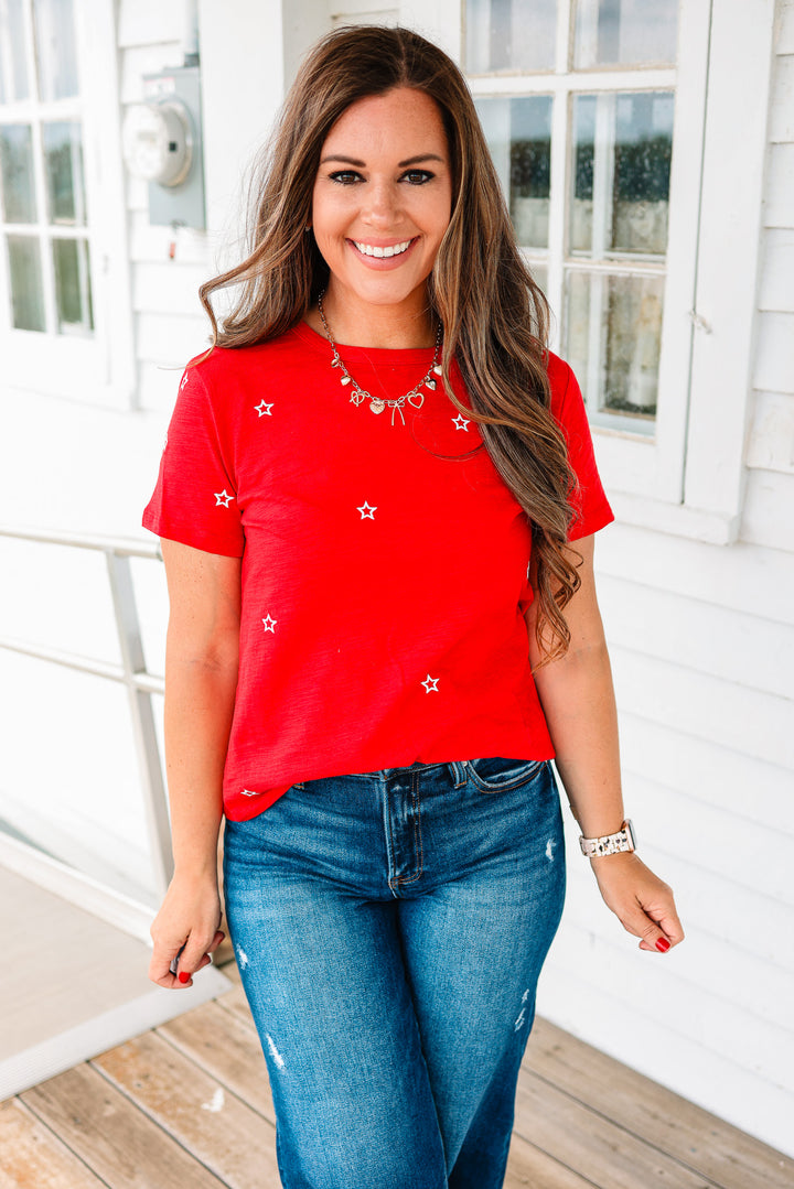 Nadia Star Embroidered Cotton Tee - Red