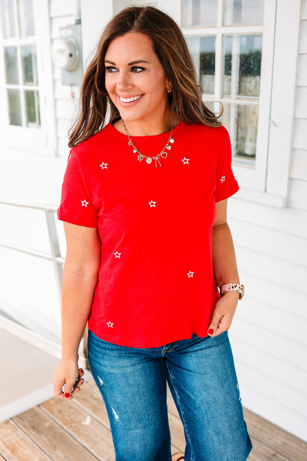 Nadia Star Embroidered Cotton Tee - Red