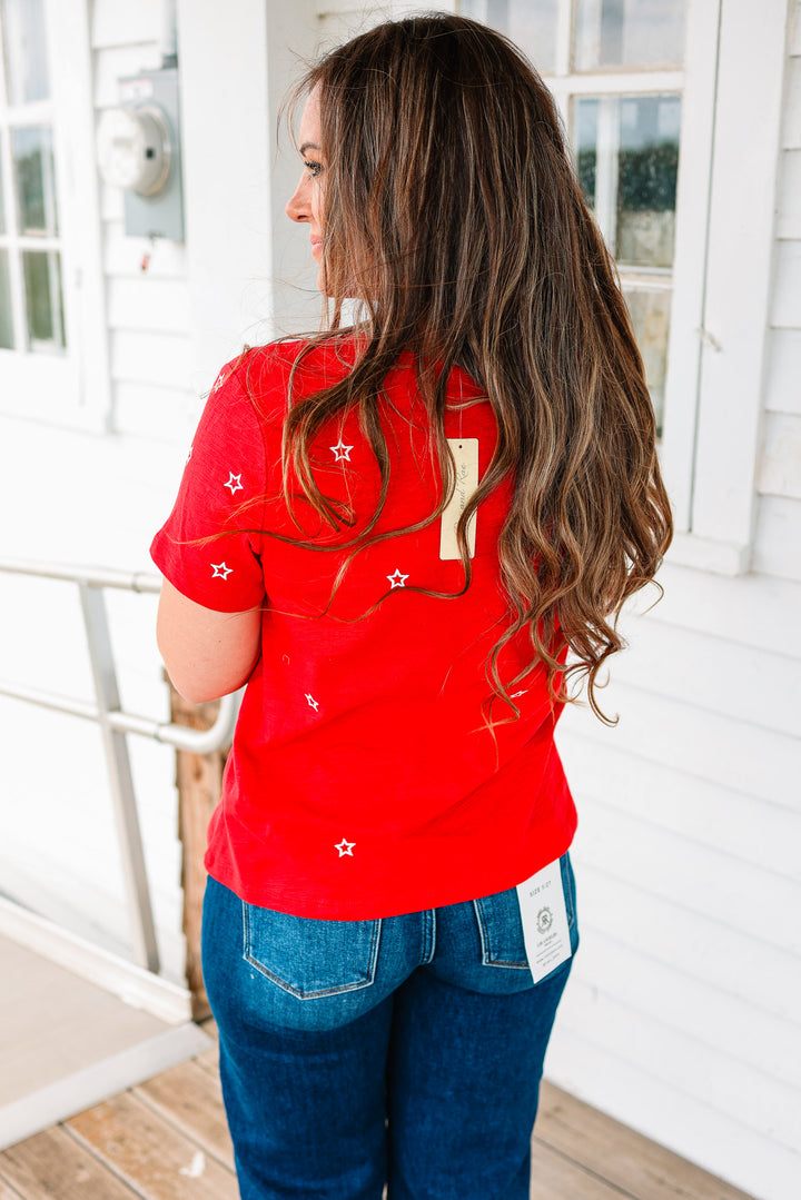 Nadia Star Embroidered Cotton Tee - Red