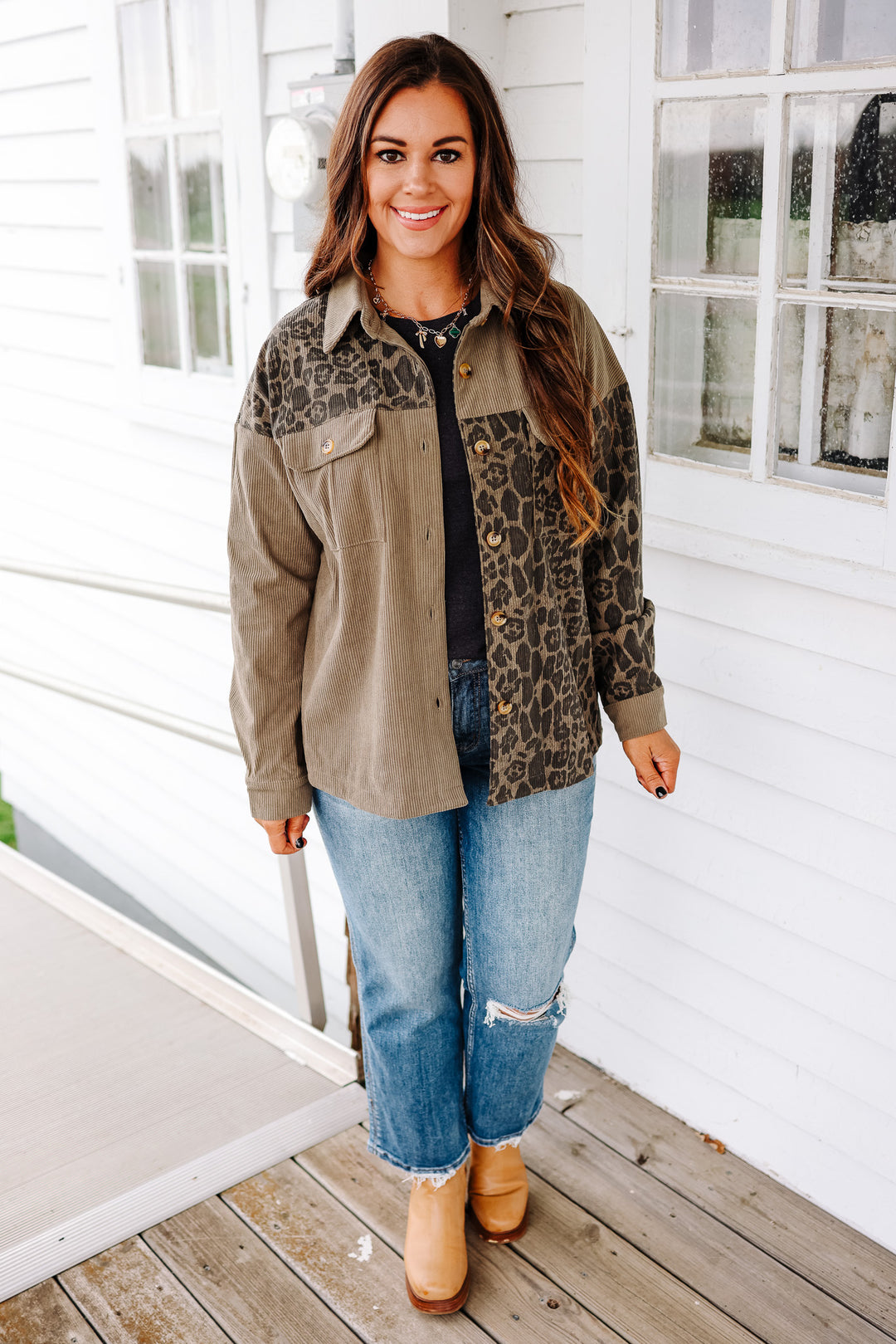 Elara Printed Corduroy Shacket - Olive