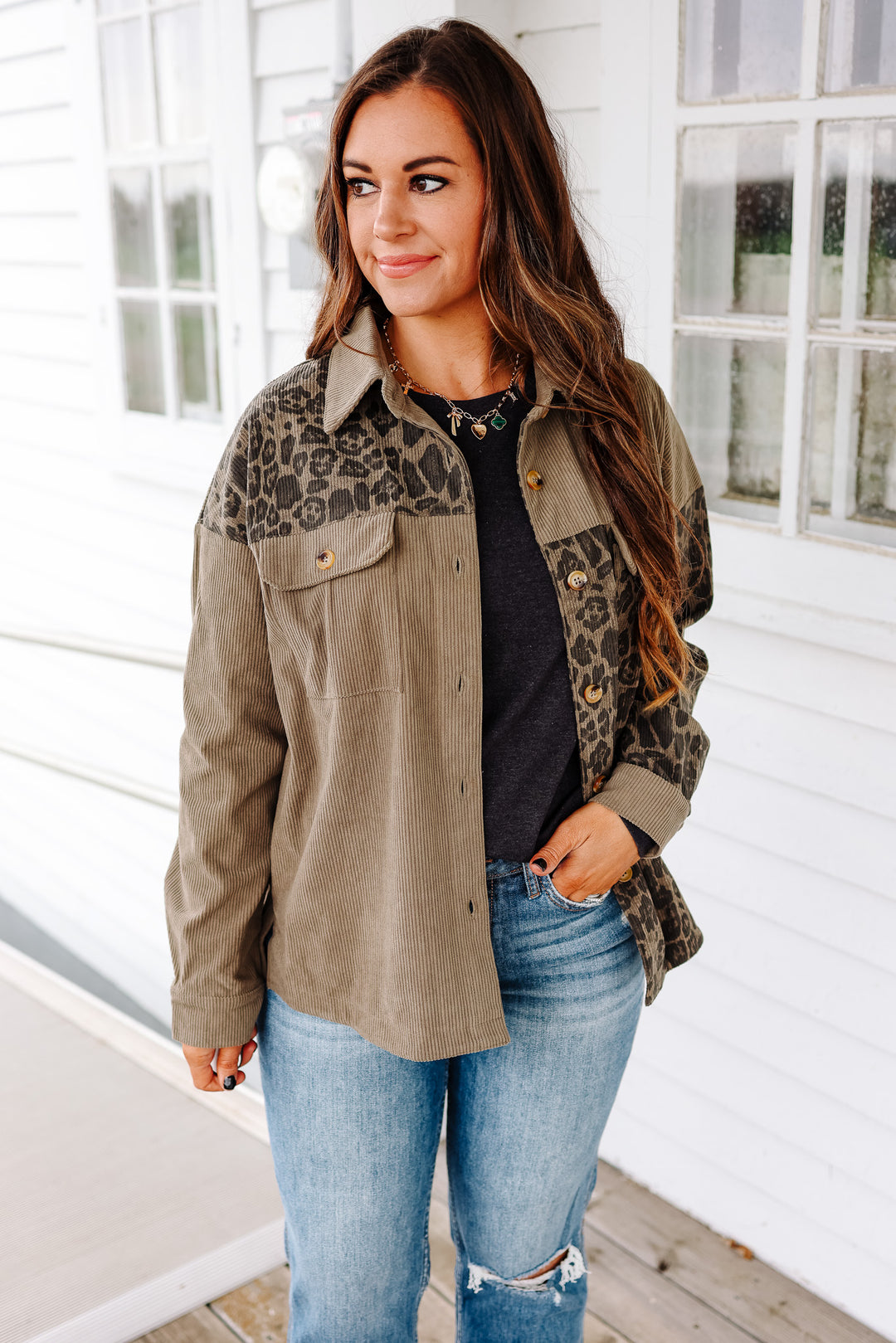 Elara Printed Corduroy Shacket - Olive