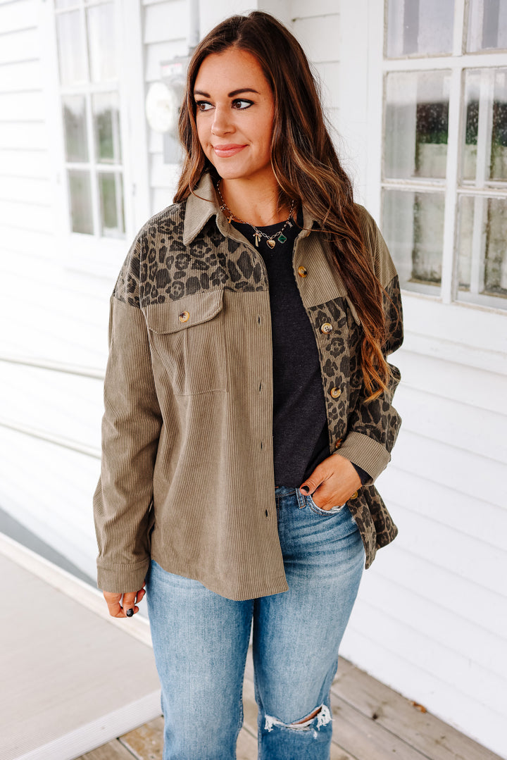 Elara Printed Corduroy Shacket - Olive